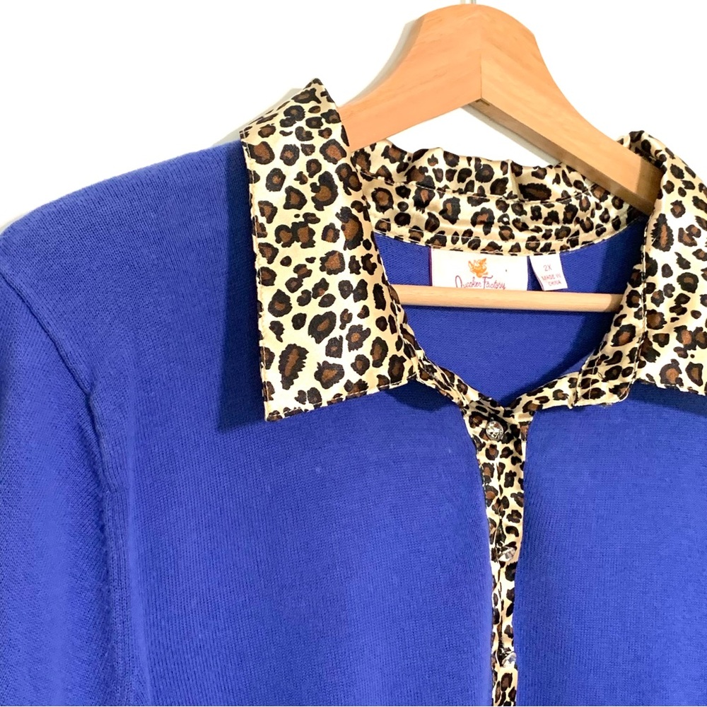 Quacker Factory Royal Blue Leopard Collar Women's Top Size 2X Casual Comfort - Picture 2 of 10